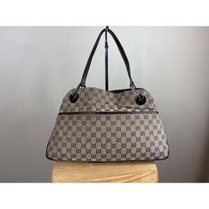 Authentic Gucci Eclipse GG Cloth and Brown Leather Shoulder Tote